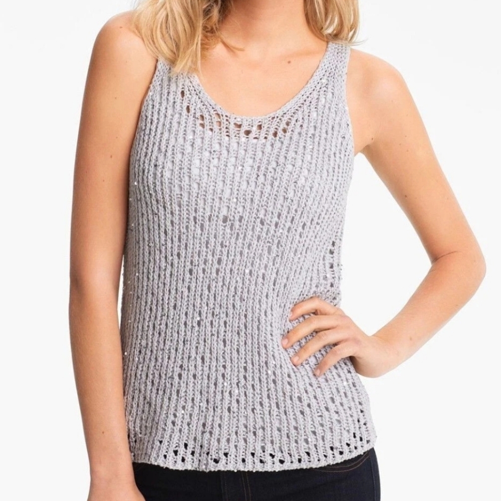 EILEEN FISHER Silver Sequined Chain Mail Knit Sleeveless Knit Top, petite